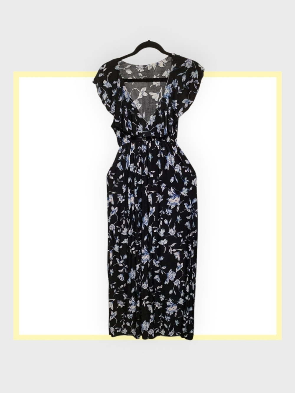 Floral V-Neck Maxi Dress - Black with Blue Floral